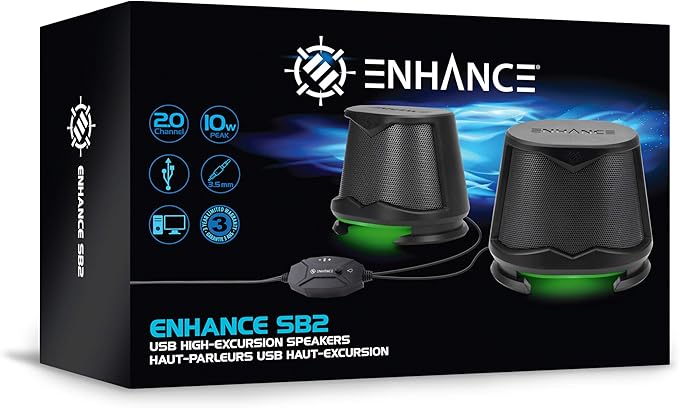 ENHANCE SB2 USB Computer Speakers 2.0 Stereo with Green LED Lighting 10W Peak High Excursion Drivers 3.5 mm Aux in Line Volume and Light Switch PC Laptop Desktop
