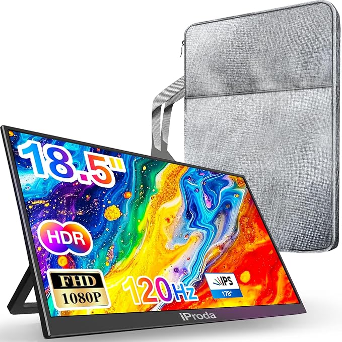 18.5 Portable Monitor 120Hz FHD 1080P USB-C HDMI Laptop Screen Extender Second Display for Laptop/PC/Mac/PS5/PS4/Switch Travel Monitor with Protective Sleeve VESA Mountable
