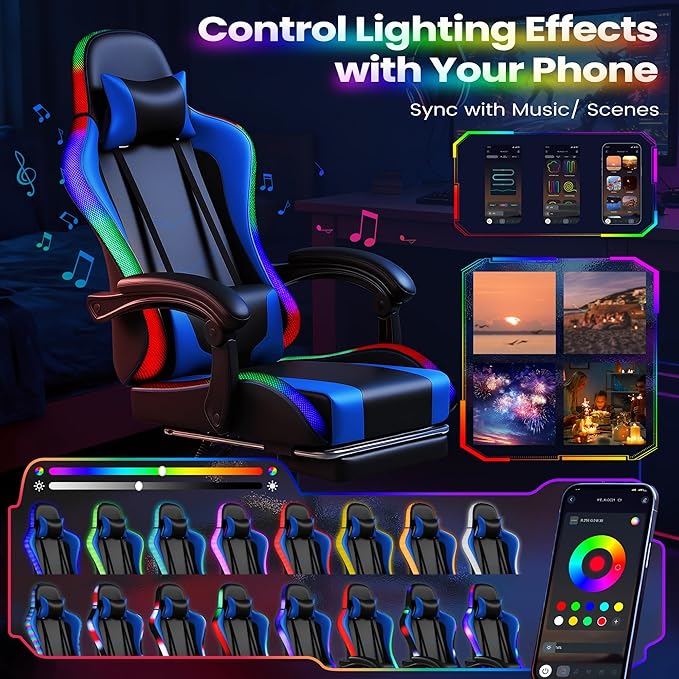 Homall Gaming Chair Video Game Chair with Footrest and Massage Lumbar Support Ergonomic Computer Chair Height Adjustable with Swivel Seat and Headrest (RGB Blue)