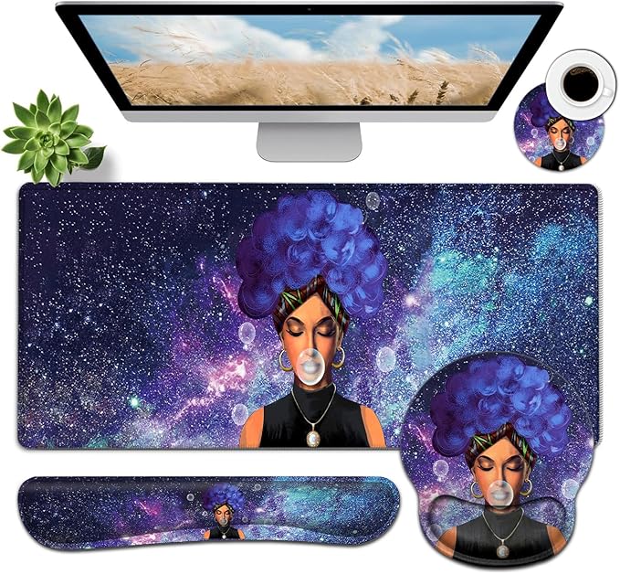 Large Mouse Pad Ergonomic Mouse Pad with Wrist Rest and Keyboard Wrist Rest 4 in 1 Set 31.5 x11.8 inch Extended Desk Pad for Home Office African Black Women Girls Starry Sky Purple Gaming Mouse Mat