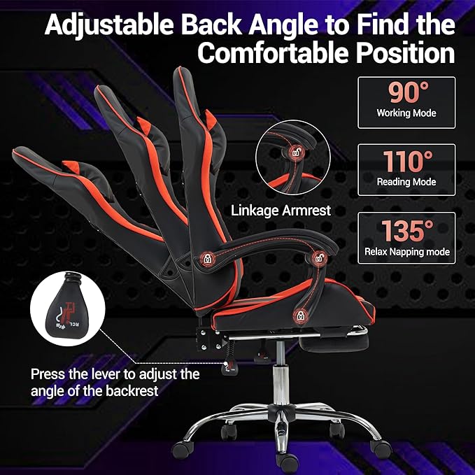 Massage Gaming Chair with FootrestErgonomic Video Game Chair for Adults Kids Adjustable Headrest &amp Lumbar Support 90-135° Recline 360° Swivel for Gaming Room Home Office Bedroom Red