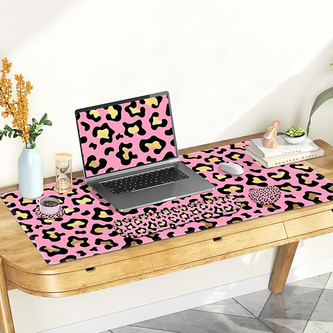 Large Gaming Mouse Pad Set 4 in 1 Extended Keyboard Desk Mat with Wrist Rest PC Computer Game Mousepad Set Non-Slip Desk Pad Easy Typing Pain Relief for Home Office I Pink Leopard Print