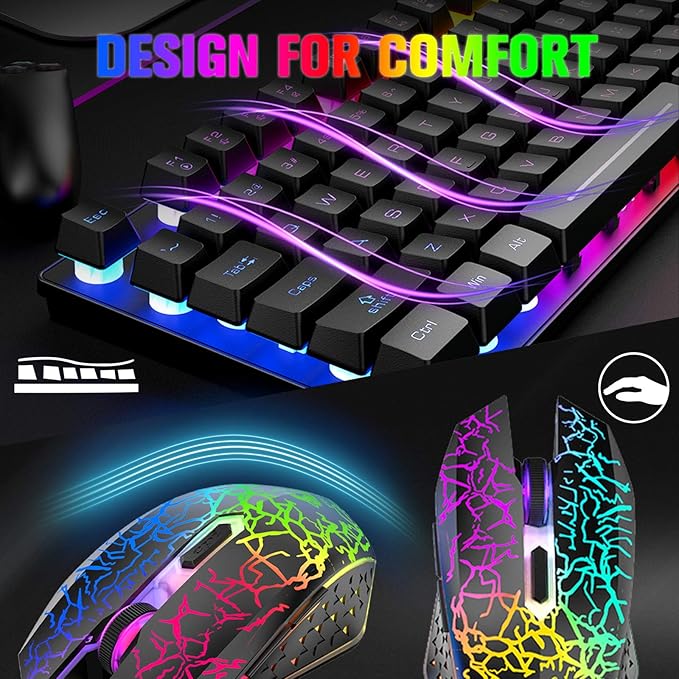 Wireless Gaming Keyboard and Mouse Combo with 87 Key Tenkeyless Rainbow LED Backlight Rechargeable 3800mAh Battery Anti-ghosting Ergonomic Waterproof RGB Mute Mice for Computer PC Gamer (Black)