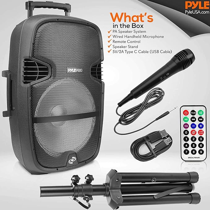 Pyle Portable Bluetooth PA Speaker System - 1000W Outdoor Bluetooth Speaker System w/Microphone in Party Lights USB SD Card Reader FM Radio Wheels - Remote Control Tripod PPHP1548B BLACKBLUE