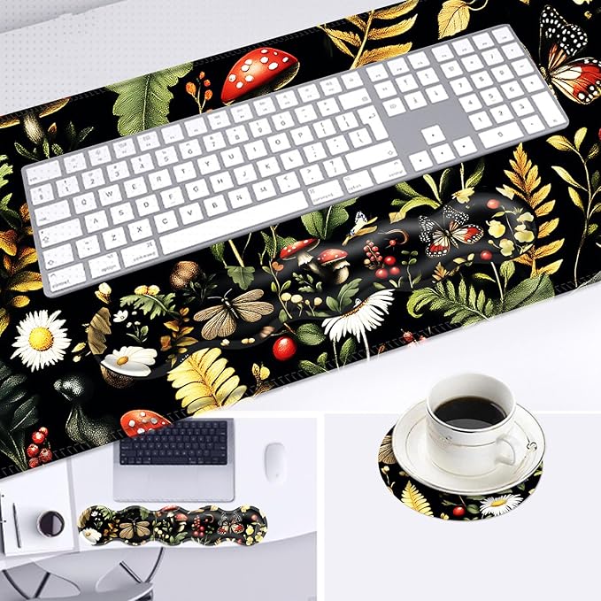Large Mouse Pad and Keyboard Wrist Rest Desk Pad for Keyboard and Mouse 4-in-1 Large Gaming Mouse Pad with Wrist Support Desk Mat for Home Office Study GameMushroom Butterfly Flower