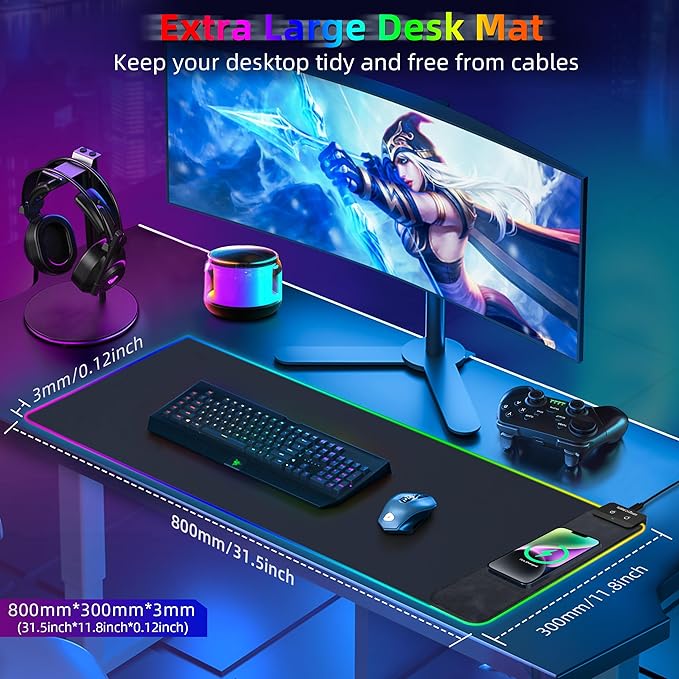 Gaming Mouse Pad Wireless Charging Mouse Pad Gaming 31.5x11.8 Large RGB Desk Mat for Laptop/Computer/Keyboard 9 Light Modes Waterproof Smooth Surface Non-Slip Base Black