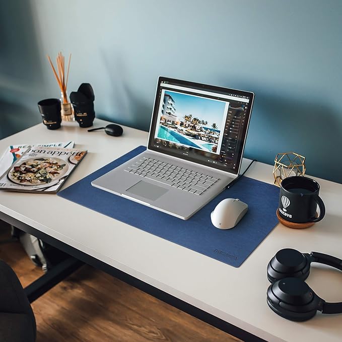 24 x 14 Leather Desk Pad - SKIDSTOP™ Ultra Smooth Executive Blotter and Protective Mat Large Mouse Pad for Office School Home Remote Business – Navy Blue