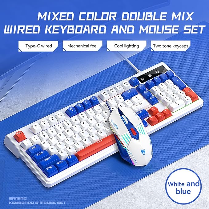 Wired Gaming Keyboard and MouseRainbow LED Mechanical Feeling Gaming Keyboard and 3600DPI Mouse Combo with 19-Keys Anti-Ghosting98keys Compact StylePlug &amp Play to PC LaptopWindows-White and B