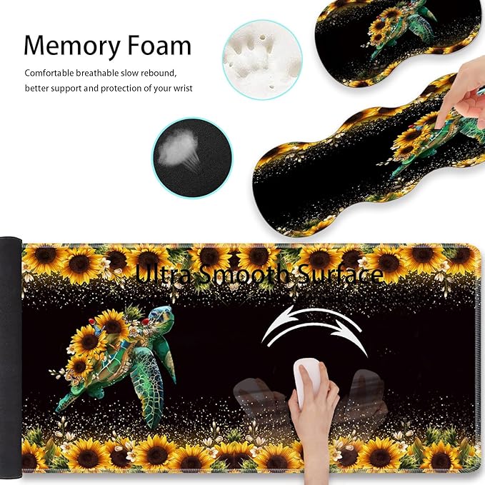 Large Gaming Mouse Pad Keyboard Wrist Rest + Mouse Wrist Pad + Coaster Combination Set Memory Sponge Non-Slip Base. Suitable for Office and Home Glitter Turtle Sunflowers
