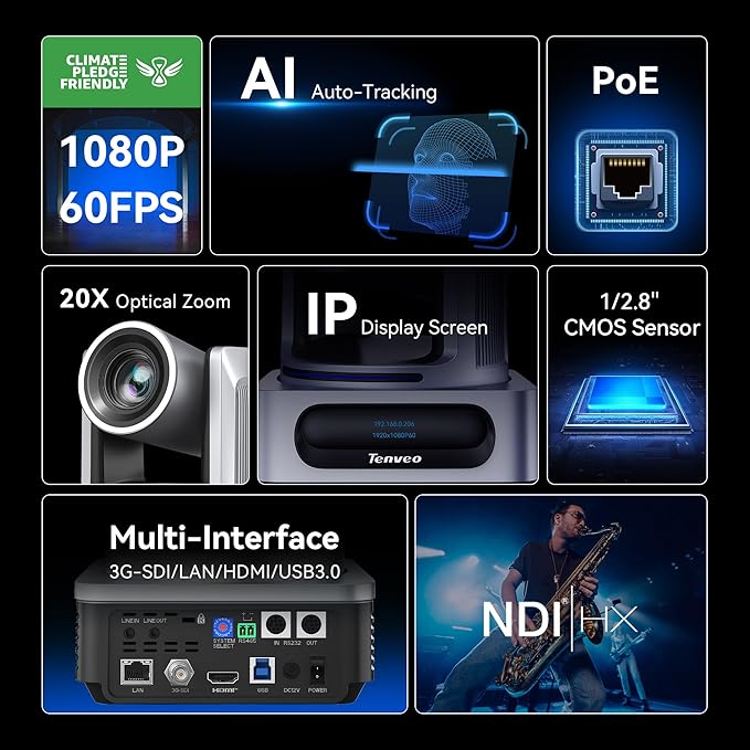 Tenveo NDI PTZ Camera AI Humanoid &amp Face Auto-Tracking 20X Optical Zoom 3G-SDI/HDMI/USB3.0/LAN(PoE) Live Streaming with Tally Light &amp IP Display for Live Streaming Video Production Church