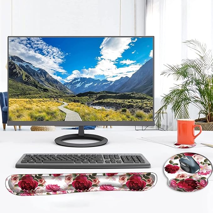 Mouse Pad Wrist Support and Keyboard Wrist Rest with CoasterNon-Slip Rubber Base Ergonomic Gaming Mousepad for Home Office Working Studying Easy Typing &amp Pain ReliefRoses and Hyacinth Flowers