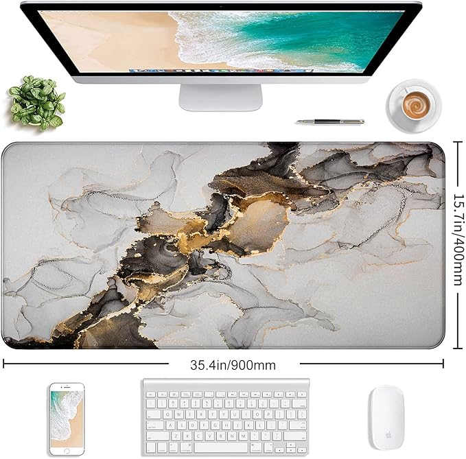 Large Extended Gaming Mouse Pad with Stitched Edges Non-Slip Waterproof Rubber Base Mouse Pad for Office Computer Keyboard Laptop and Home Desk Pad 35.4 x 15.7 x 0.12 Inch (Marbling)