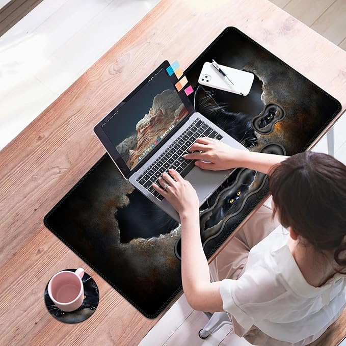 Mouse PadLarge Desk Mat Set 4in1 XL Mousepad + Keyboard Wrist Rest+Mouse Wrist Rest+Coaster with Ergonomic Desk Pad for Home Office Table Computer Cover -Black Cat with Yellow Eyes