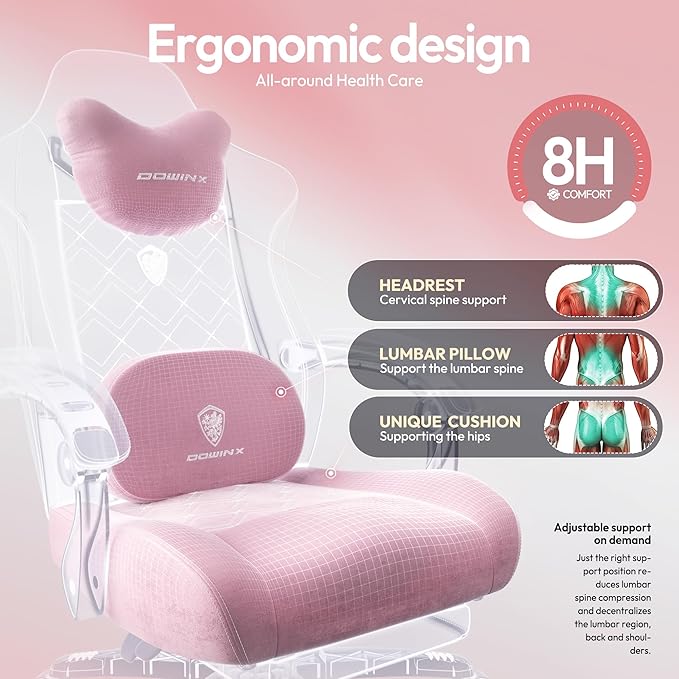 Dowinx Fabric Gaming Chair with Heated Massage Lumbar Support Computer Game Chairs for Adults Big Tall Gamer Chair with Pocket Spring Cushion and Footrest Recliner Gaming Chairs for AdultPink
