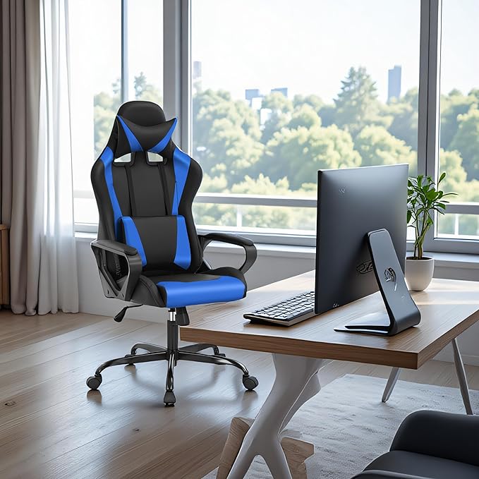 Ergonomic High Back Gaming Chair &amp Office Chair PU Leather &amp Adjustable &amp Easy Assembly &amp BIFMA Certified for Home/Office (Gray) (Blue)
