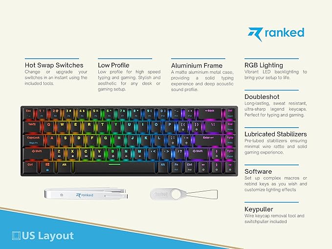 Ranked G65 Guardian 65% | Full Aluminum Frame | Ultra Slim Hot Swappable Mechanical Gaming Keyboard | 68 Keys Multi Color RGB LED Backlit for PC/Mac Gamer (Black Gateron Low Profile Blue)