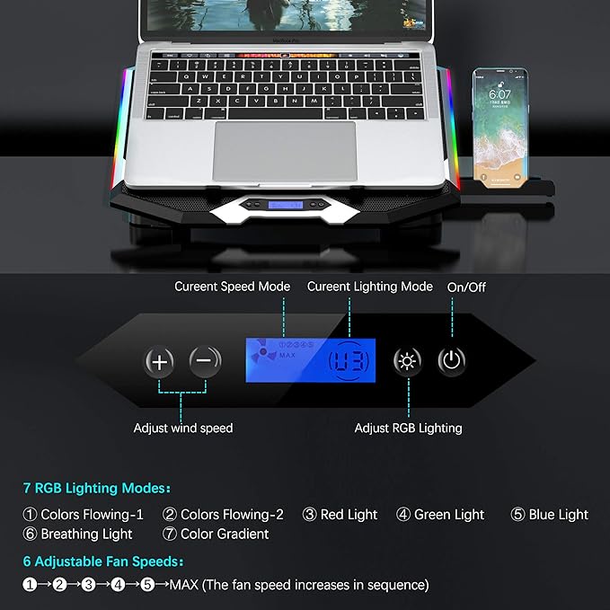 TopMate C11 Laptop Cooling Pad RGB Gaming Notebook Cooler Laptop Fan Stand Adjustable Height with 6 Quiet Fans and Phone Holder Computer Chill Mat for 15.6-17.3 Inch Laptops - Blue LED Light