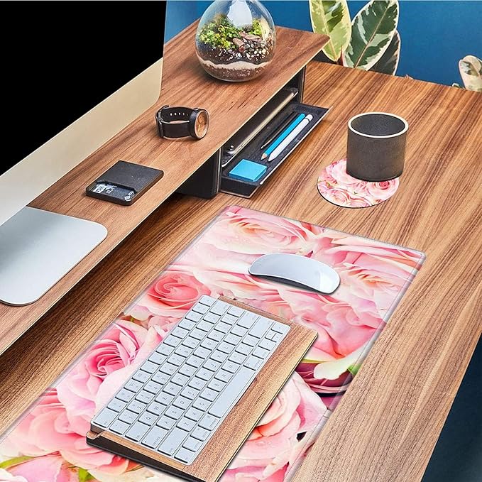 Desk Pad Mat Large Mouse Pad XL Extended Mousepad Gaming with Pink Rose 31.5 *11.8 Huge Mouse Pads for Computer Laptop Home Office + Cup Coaster
