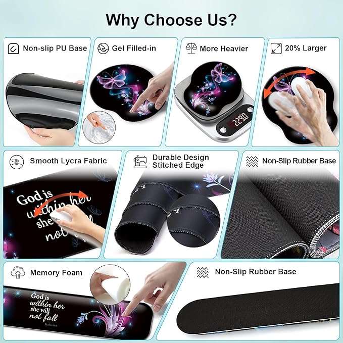 Mouse Pad + Desk Mat + Keyboard Wrist Rest + Coaster 4 in 1 Set Cute Ergonomic Large Gaming Mousepad with Wrist Rest Support Desk Pad for Computer Laptop Office Home Decor-Purple Butterfly