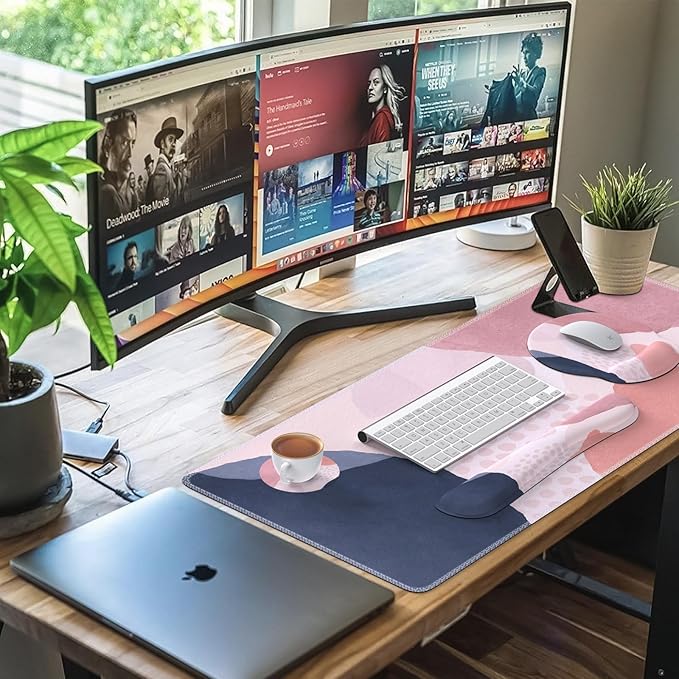 iCasso Desk Mat Gaming Mouse Pad Wrist Support Set XXL Large Mousepad + Keyboard Wrist Rest+Mouse Wrist Rest+Coastert with Ergonomic Design for Home Office Computer (C-Four-Pink-Block)