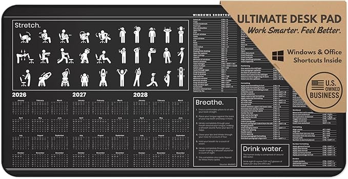 Productivity Desk Mat for Windows – Keyboard Shortcuts Wellness Guide &amp 3-Year Calendar | XL Office Mouse Pad for Excel Word &amp System Commands | Ergonomic Workspace Mat