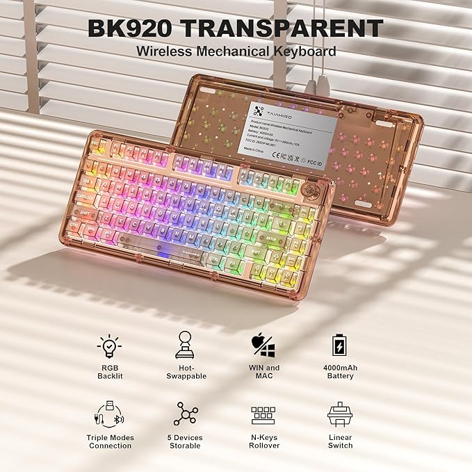 Transparent Mechanical Keyboard 80-Key RGB Backlit Wireless Gaming Keyboards Hot Swap Customizable Clear Acrylic Design Quiet Linear Switches 3 Modes BT5.0/2.4G/USB-C 4000mAh Battery (Brown)