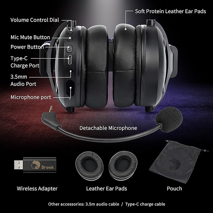 Brook 2.4GHz Wireless Headset - Cross-Platform Wireless Gaming Headset for PS5 PS4 PC Mac Android and NS Low Latency (with Extra Earpads)