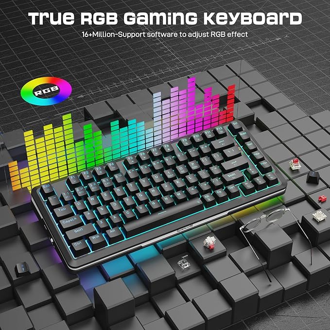 Redragon K713 Wireless Mechanical Keyboard Gasket Mounted RGB Gaming Keyboard 3-Mode (2.4G/BT/USB) Pre-Lubed Linear Red Switches 75％ Layout 82 Keys Hot Swappable for PC/Mac - Black