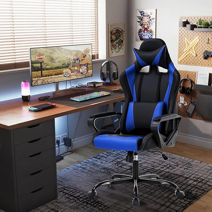 Ergonomic PU Leather Computer ChairHome Office Desk Chair with Adjustable Lumbar SupportExecutive High Back 360°Swivel Rolling Gaming Chairs for Adults(Blue)