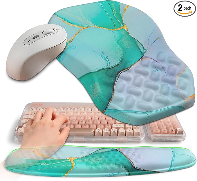 2-in-1 Ergonomic Set Wave Keyboard Wrist Rest and Massage Slope Mouse Pad Wrist Support Rebound Memory Foam for Relieve Carpal Tunnel Syndrome and Wrist Pain (Green Gold Marble)