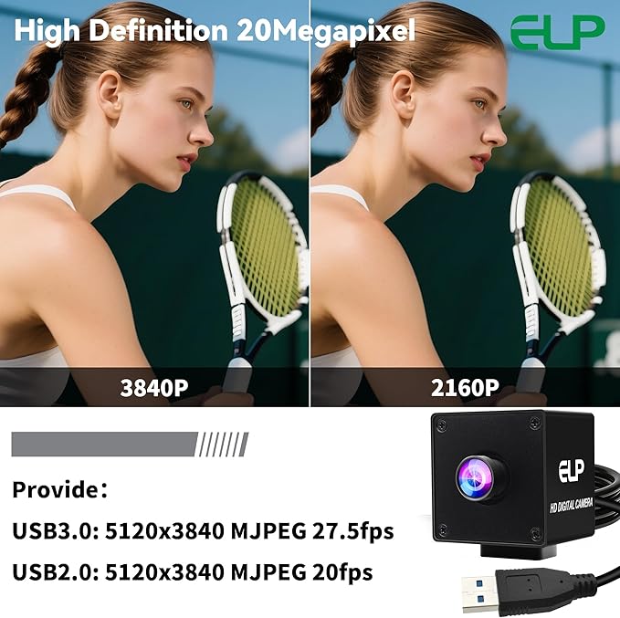ELP Ultra HD 20MP USB3.0 Camera for Computer Mini UVC 3840P USB3.0/2.0 Lightburn Cameras for Windows Linux Mac Pi Wide Angle 95°(H) AR2020 High Speed 4K 30FPS Webcam for PC Laptop Jetson Nano