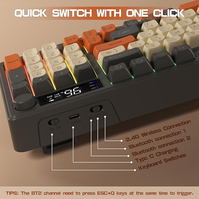 LexonElec M96 Wireless Gaming KeyboardKnob Control Bluetooth/2.4G Wireless Mechanical Feeling KeyboardRGB LED Backlit with Display Screen PBT Keycap3000mAh 94-Key Layout for Win/Mac (Shimmer)