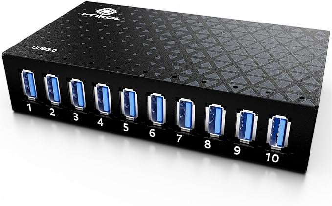 10 Ports USB Hub 3.0 Powered Aluminium - USB Hub Charger - Multiple Port - USB Splitter Hub with Power Adapter 12V/5A/60W - for Laptop PCFlash Drives HDDHard DriveMouseXPSXboxKeyboard