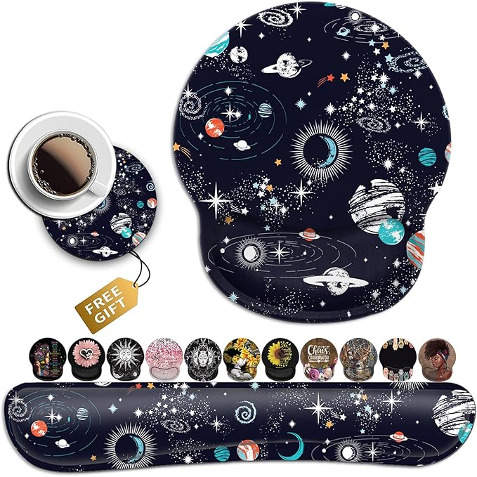 Mouse Pad with Wrist Support Soft Memory Foam Keyboard Wrist Rest Ergonomic Gel Mouse PadCute Cartoon Space Galaxy Constellation Office Easy Typing Games to Relieve Fatigue Non-Slip and Durable