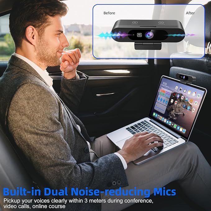 4K Webcam for PC AI Auto Framing Picture-in-Picture USB Webcam with 2x Noise Reducing Mics Auto Light Correction 5X Zoom 92°FOV Plug and Play Ideal for High-end Meeting Video Calling
