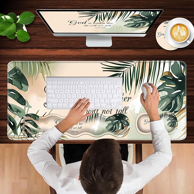 Keyboard Wrist Rest and Mouse Pad with Wrist Support Set Ergonomic CoasterMemory FoamEasy Typing Pain ReliefLarge XL Desk Mat 31.5x 11.8Matcha Green Plant Abstract Bible Verse Psalm 46-5