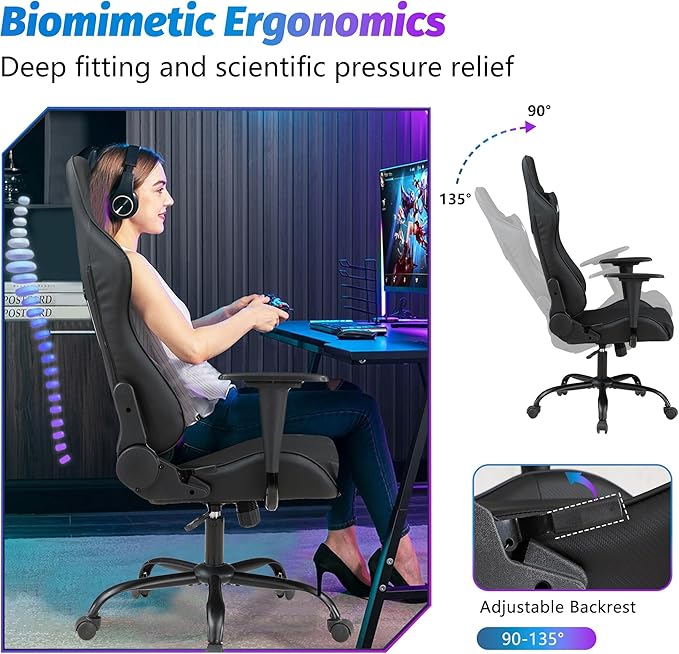 PayLessHere Gaming Chair Ergonomic Office Chair with Lumbar Support Headrest Armrests Rolling Swivel Functionality and Adjustable Features for PC Gamer (Black)