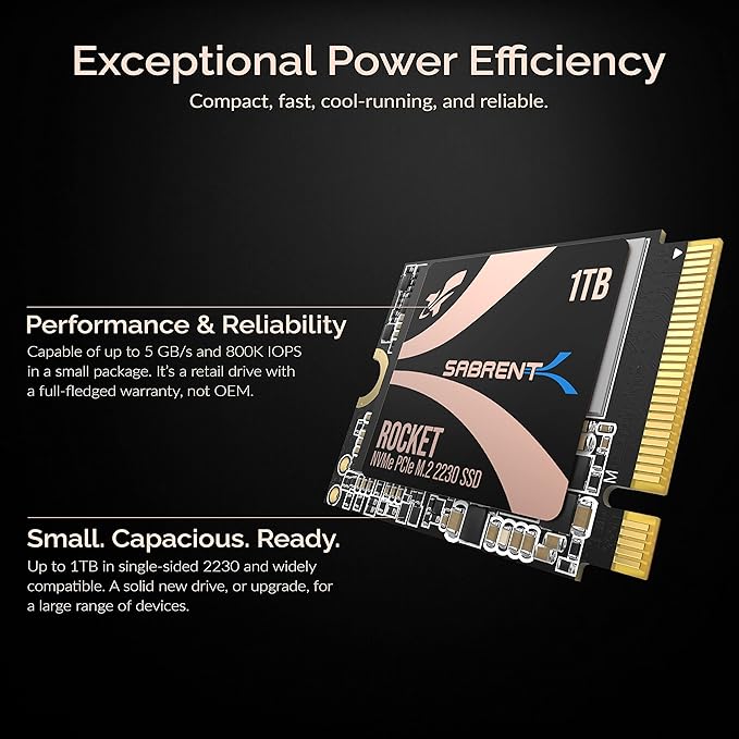 SABRENT Rocket 2230 1TB NVMe SSD – PCIe Gen4 M.2 2230 Internal SSD for Steam Deck Surface Pro ROG Ally – Up to 5000 MB/s Gen4 x4 Speed DRAM-Less HMB Design [SB-2130-1TB]