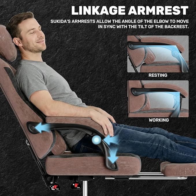SUKIDA Fabric Video Gaming Chair Ergonomic High-Back Computer Game Chairs with Large Massage Adjustable Lumbar Support Headrest and Linked Armrests for Long Hours Sitting Task Chair Brown