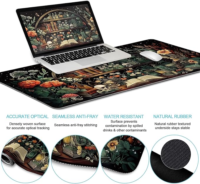 Goth Skull Mouse Pad Set Large Desk Mat for Desktop Ergonomic Mouse Pad with Wrist Rest for Gaming Keyboard Mat Wrist Support Cup Coaster Set Gothic Office Desk Accessories Decor Supplies