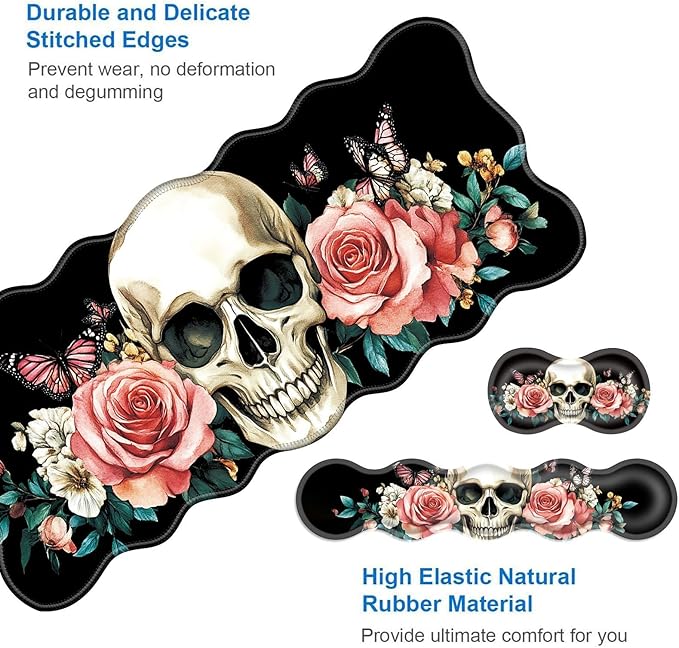 Large Gaming Mouse Pad Keyboard Wrist Rest Pad &amp Wrist Support Mousepad Set Stitched Edge Extended Non-Slip Base Memory Foam Desk Mat for Office HomeFloral Skull