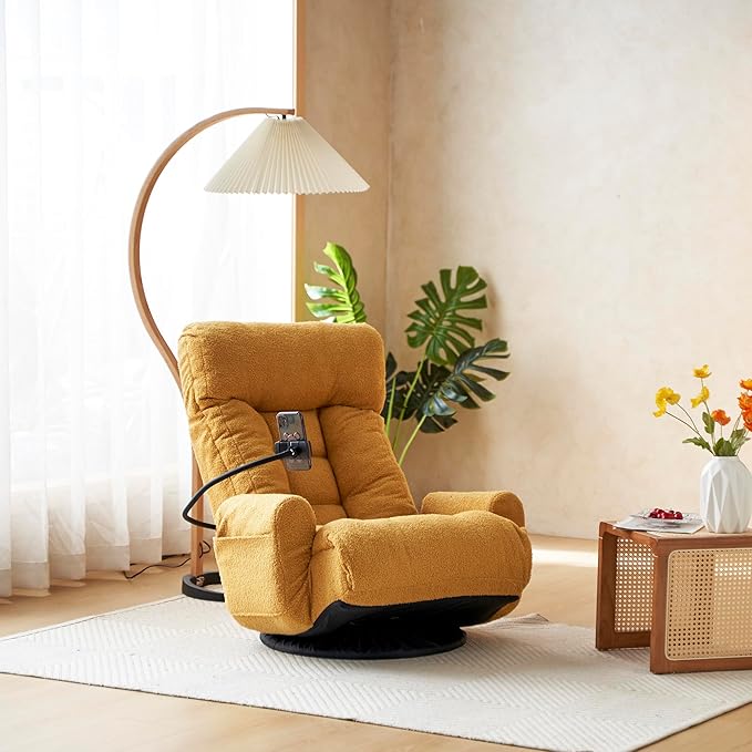 360° Swivel Floor Gaming Chair with 5 Position Adjustable Folding Gaming Sofas with Phone Holder &amp Pockets Cushion Padded Chaise Lounge Chair for Adults Home Office Floor Leisure Chairs Yellow