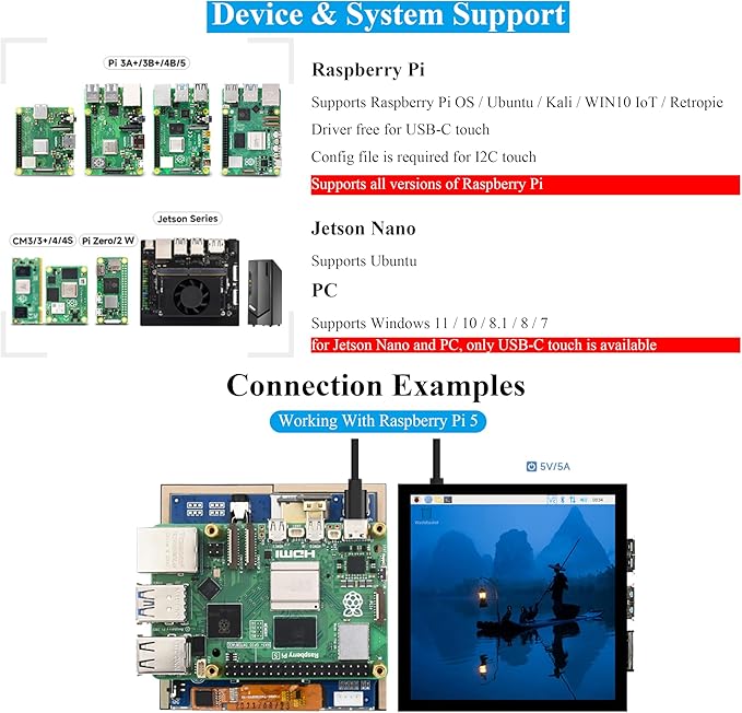 4inch HDMI LCD Square Capacitive Touch Screen Compatible with Raspberry Pi 5/4B/3B+/3B/2B/Zero/Zero W//Zero 2W/Jetson Nano/Windows 11/10/8.1/8/7 720x720 Resolution IPS Display USB-C Port