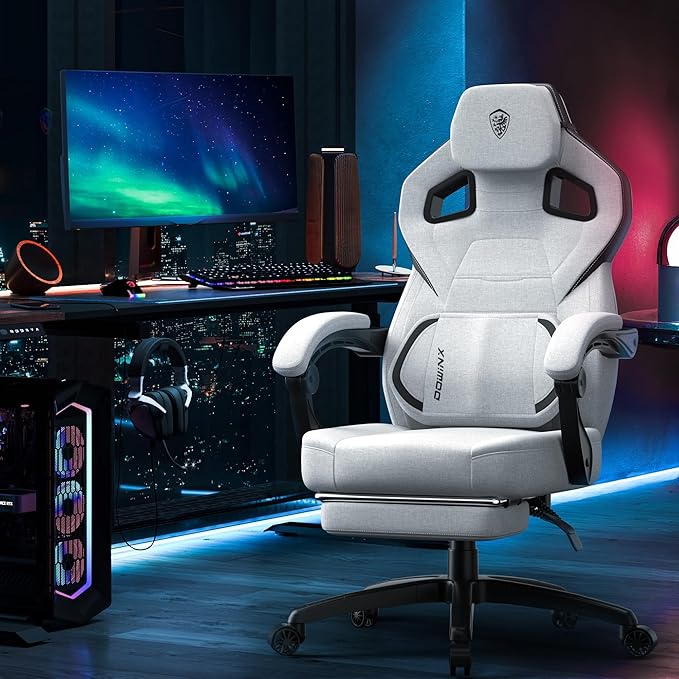 Dowinx Fabric Gaming Chair with Footrest Big and Tall Gaming Chair for Heavy People Wide Back Gamer Chair for Adult Computer Game Chair with Massage for 200lbs Grey