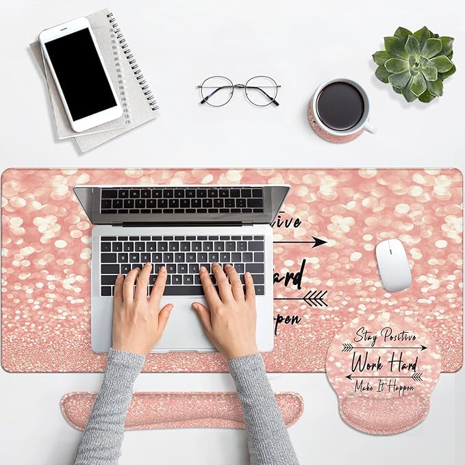 Arttown Desk Mat Rose Gold Pink Mouse Pad Set with Wrist Support 4-in-1 Large Mousepad+Keyboard Wrist Rest+Mouse Wrist Rest+Coaster with Ergonomic Design Non-Slip Mat for Office Home Decor