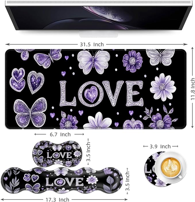 Keyboard Mouse Pad Set Extended Gaming Mouse Pad+Ergonomics Keyboard Wrist Rest Support Memory Foam Easy Typing Pain Relief 4Pcs XL Ultra Thick Desk MatGlitter Love Butterflies Flowers