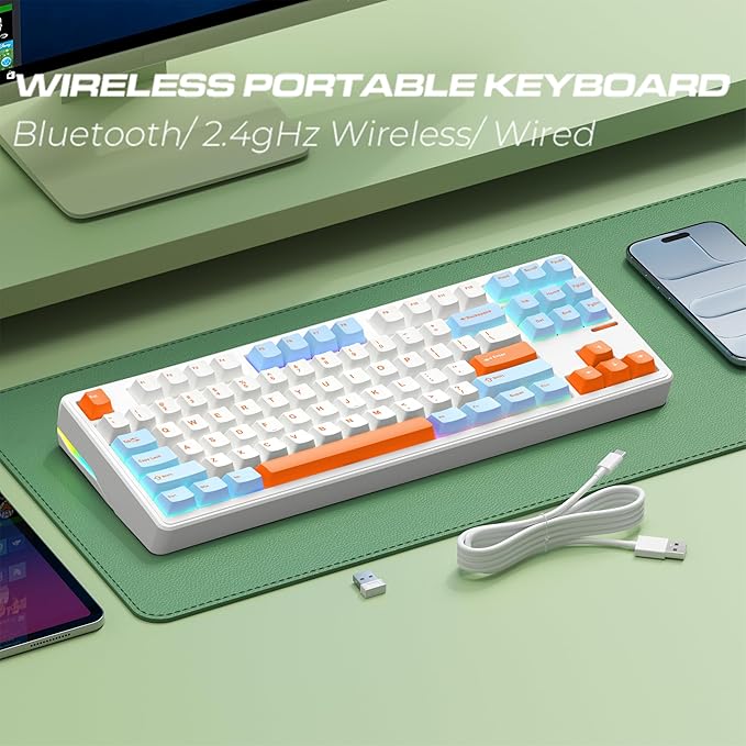 Linky 87 PRO Wireless Mechanical KeyboardTri-Mode BT5.0/2.4GHz/USB-C Hot Swappable Custom Keyboard Linear SwitchesRGB Backlit Computer Gaming Keyboards for PC/Tablet/PS/Xbox (Ocean Sunrise)