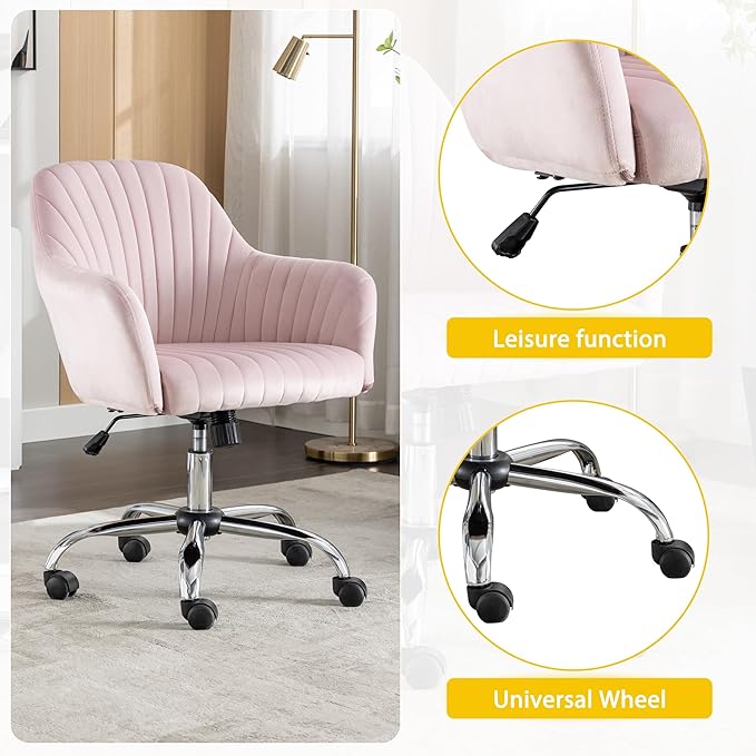 AMNOOL Office Chair Velvet Upholstered Lounge Chair Gaming Chair Makeup Chair Adjustable Height and Adjustable Casters Curved Back for Bedroom Office Study Room (Pink)