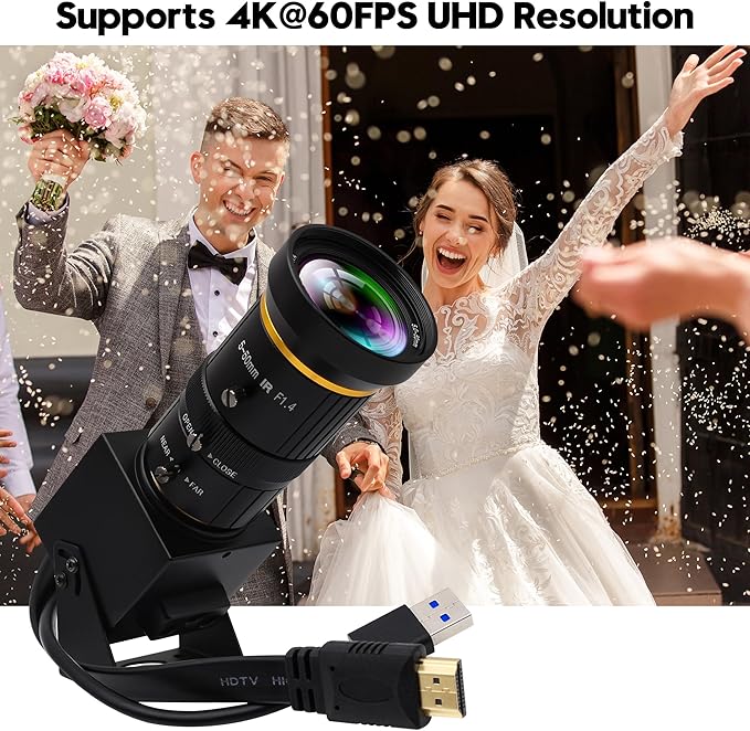 High Speed 4K HDMI USB Camera with 60fps Simultaneous USB3.0 and HDMI Output 5-50mm 10X Manual Focus Lens for Close-Up Industrial Applications in Computer Microscopy and Telescopic Imaging