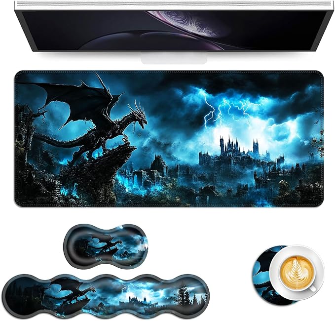 Keyboard Mouse Pad Set Extended Gaming Mouse Pad+Ergonomics Keyboard Wrist Rest Support Memory Foam Easy Typing Pain Relief 4Pcs XL Ultra Thick Desk MatDragon and Castle Stormy Sky
